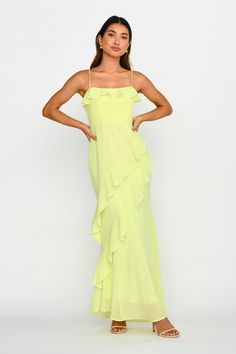 Actual Sunshine Ruffle Trim Maxi Dress Lime by Selfie Leslie Elegant Birthday, Sling Dress, Prom Dress Inspiration, Hoco Dresses, Trim Detail, Ruffle Trim, Ruffle Dress, Yellow Dress, Fancy Dresses