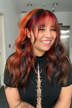 Black, Red, And Copper Hair Red And Black Hair Ideas, Black Hair Ideas, Peach Hair Colors, Color Block Hair, Chocolate Brown Hair Color, Peach Hair, Edgy Hair, Hair Color And Cut