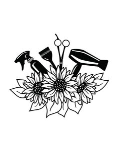 a black and white drawing of sunflowers with gardening tools on it's centerpiece