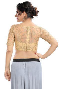 Blouse in Various Neck Pattern Gold Color Blouse Designs, Elbow Length Blouse Designs, Blouse Designs Net, Elbow Length Blouse, Net Blouse Designs, Netted Blouse Designs, Net Pattern, Net Blouse, Net Blouses