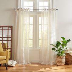 a living room with a chair, window and potted plant