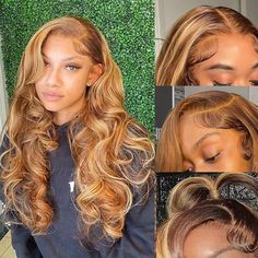 PRICES MAY VARY. 13x4 Highlight Lace Front Wig Natural Hairline with Baby Hair, Super Silky and Bouncy, Healthy and Clean, Neat and Tight, Very Soft and Comfortable Against Skin! 13x4 Highlight Body Wave Lace Front Wig, 13X4 Free Part Can Make Any Style As You Want Like Free-Part , Side-Part ,High-ponytail, More Styles Depends on Your Like. High-quality Heat-resistant Synthetic Hair, Safe to Use Up to 160℃/320°F. If You Need a Simple Style, it's Recommended That You do Not Exceed 100℃/212°F, Thi Honey Blonde On Brown Skin, Honey Blonde Sew In, Blond Wigs, Highlight Lace Front Wig, Yellow Wig, Honey Blonde Highlights, Cheap Wigs, Blonde Lace Front Wigs, Beautiful Hairstyles