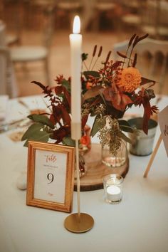 the table is set with flowers and candles