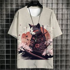 Introducing our Samurai Cat T-Shirt for Men, a perfect blend of trendy Japanese aesthetics and casual comfort. This short sleeve tee features a stunning cartoon print of a samurai cat, making it an eye-catching addition to any wardrobe. Crafted from high-quality polyester, this shirt is designed for the summer season but is versatile enough for year-round wear. The O-neck collar and conventional sleeve style provide a classic, comfortable fit. The fabric is a smooth jersey knit, ensuring breatha Harajuku Crew Neck T-shirt With Sublimation Print, Harajuku Style T-shirt With Sublimation Print, Harajuku Crew Neck Top With Front Print, Cartoon Tshirt Design, Womens Techwear, Oversized Shirt Men, Street Mode, Oversized Streetwear, High Street Fashion