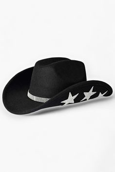 Get ready to shine and stand out with the Houston Girl Black Sequin Stars Cowboy Hat! This eye-catching and playful cowboy hat is a true show-stopper, featuring a sequin band, dazzling sequin stars under the brim, and a black felt hat that adds a bold pop of color to any outfit. With its adjustable interior band, rhinestone band, and rhinestone star details, this hat is all about adding sparkly glamour to your look. Embrace your inner star and rock this sequin cowboy hat with confidence wherever Affordable Black Cowboy Hat For Festivals, Disco Cowgirl Hat Black, Luxury Black Cowboy Hat For Winter, Sparkly Cowboy Hat, Sequin Cowboy Hat, Black Felt Hat, Black Cowboy Hat, 29th Birthday, Cc Beanie