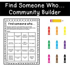 the find someone who community builder game is shown with crayons and pencils