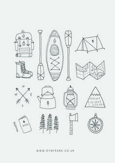 an image of camping related items drawn by hand