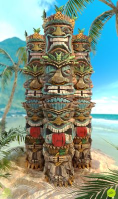 a tiki tower on the beach with palm trees in the background