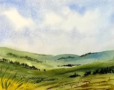 watercolor painting of hills and trees on a cloudy day