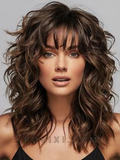 Curly Shag Hairstyles Medium, Layered Cut For Curly Hair, Haircuts With Short Layers, Medium Length Curly Shag Haircuts, Mid Length Curly Hair With Bangs, Long Hair With Short Layers All Over, Shoulder Length Curly Hair With Layers Curls Medium Hairstyles, Curly Shoulder Length Hairstyles, 70s Shaggy Haircut