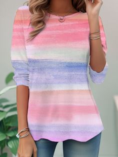 Come to Zolucky to buy T-shirts at a discounted price, SPU: 2941T-8A42B0, Color: Pink, Material:Jersey, Pattern:Abstract stripes. Horizontal Stripe Crew Neck Tops For Fall, Multicolor Horizontal Stripe Tops For Spring, Long Sleeve Tops With Horizontal Stripes For Summer, Long Sleeve Striped Tops For Summer, Multicolor Horizontal Stripe Summer Tops, Trendy Striped Tops With Rainbow Print, Trendy Striped Rainbow Print Tops, Trendy Rainbow Print Striped Tops, Trendy Long Sleeve Tops With Rainbow Print