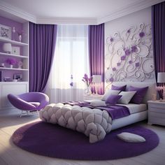 a bedroom decorated in purple and white