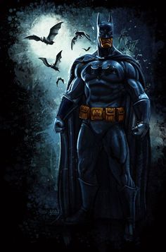 batman standing in the dark with bats flying around