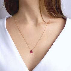 "Genuine Pink Sapphire Pendant Necklace, Simple, genuine, handmade by BoutiqueBaltique. These sapphires have very bright color, very close to pink ruby. Matching earrings: https://etsy.me/2lYntmt MATERIALS: * natural pink sapphire * metal of your choice: ✔ 14k Gold Filled (Yellow or Rose) ✔ Sterling Silver ✔ 14k Solid Gold (without stones at the clasp) * spring-ring clasp closure * beautiful branded gift box + card about pink sapphire SIZE: * pink sapphire: 11-12 mm * chain lengths: 16\" or 18\" Rose Gold Teardrop Ruby Jewelry, Rose Gold Ruby Birthstone Necklace, Rose Gold Ruby Necklace For Gift, Pink Sapphire Gemstone Jewelry Gift, Pink Ruby Necklace Fine Jewelry, Pink Sapphire Pendant Necklace As Gift, Pink Sapphire Pendant Necklace For Gift, Fine Jewelry Pink Sapphire Necklace Gift, Pink Sapphire Gemstone Necklace Gift