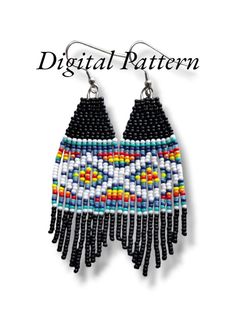 a pair of beaded earrings with the words digital pattern written in black and white