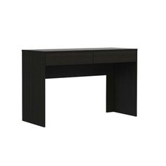 the desk is black and has two drawers on each side, with one drawer open