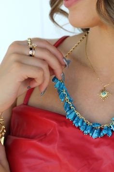 Add a pop of color to your outfit with our Riviera Necklace! Featuring stunning turquoise stones on a delicate gold chain, this necklace is sure to catch the eye and add a playful touch to any look. Fun and eye-catching, it's the perfect accessory for a quirky and unique style! Adjustable sizes Lead & Nickel Free Adjustable up to 25". Please be aware that due to the unique and handmade nature of each product, colors, shapes, and sizes may vary slightly from the photos and descriptions. Turquoise Charm Necklace With Adjustable Chain, Turquoise Jewelry With Adjustable Chain For Party, Turquoise Gold-plated Necklace With Adjustable Chain, Turquoise Gold Plated Necklace With Adjustable Chain, Blue Trendy Jewelry With Delicate Chain, Turquoise Adjustable Chain Necklace, Adjustable Turquoise Chain Necklace, Riviera Necklace, Delicate Gold Chain