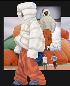 a collage of two people standing in front of an inflatable object