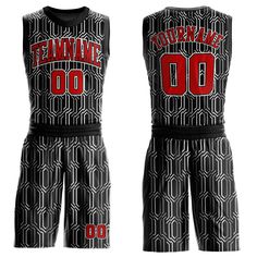 a black and red basketball uniform with the words team name 00 printed on it's chest