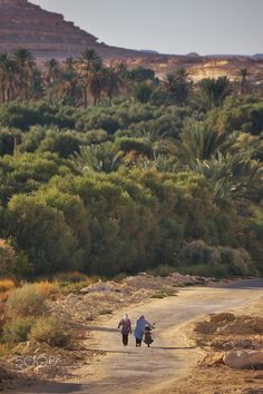 two people walking down a dirt road in the desert