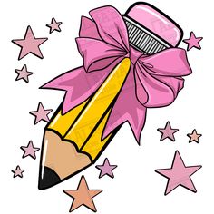 a pencil with a pink bow and stars around it