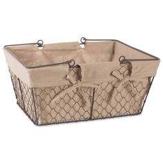 a large basket with handles and ties on the bottom is shown in beige, which has two