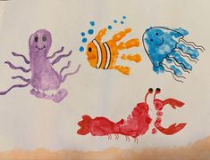 two children's drawings of sea animals and jellyfish