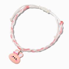 Claire's Pink & White Bunny Braided Adjustable Bracelet Trendy Adjustable Friendship Bracelets In Plastic, Cute Adjustable Friendship Bracelets For Spring, Cute Adjustable Bracelets For Spring, Cute Adjustable Spring Bracelets, Handmade Adjustable Plastic Friendship Bracelets, Cute White Plastic Jewelry, Casual Hypoallergenic Jewelry For Spring, Spring Casual Hypoallergenic Jewelry, Casual Hypoallergenic Spring Jewelry