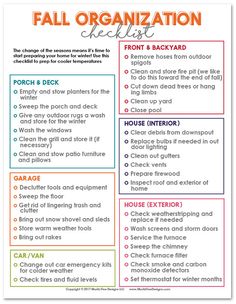 the fall organization checklist is shown in this printable version, with instructions for each section