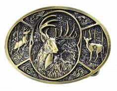 Men's Deer Belt Buckle Bucks Hunter Antique Bronze Tone Western Fits 1.5" Belt #1557BNZ Made of zinc alloy Lead free materialsAntique bronze finish Length: 3 1/4 inches  Height: 2 3/8 inches  The inner diameter for back loop is 1.58 inches (40 mm) Fits belts up to 1.5 inches  Button snap on belts Belt Without Buckle, Buckle Outfits, Buck Deer, Leather Belt Buckle, Discount Banner, Deer Hunters, Western Belt Buckles, Deer Design, Vintage Deer