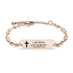 Elevate your faith with our stunning stainless steel Bible verse bracelet, a symbol of hope and peace. This beautiful accessory serves as a tangible reminder of faith and inner strength, providing inspiration and comfort during daily wear. Crafted with care, this bracelet is nickel-free and waterproof, making it skin-friendly and enduring. Its low allergenicity ensures comfort and confidence, allowing you to wear your faith proudly. With an adjustable heart chain and lightweight design, this bra Adjustable Metal Chain Bracelet For Personalized Gifts, Valentine's Day Adjustable Chain Bracelet, Mother's Day Metal Bracelets With Adjustable Chain, Rose Gold Adjustable Chain Bracelet For Valentine's Day, Rose Gold Name Bracelet With Adjustable Chain As Gift, Valentine's Day Rose Gold Adjustable Chain Bracelet, Inspirational Adjustable Gold Charm Bracelet, Adjustable Tarnish-resistant Heart Bracelet Gift, Adjustable Rose Gold Charm Bracelet, Tarnish Resistant