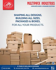 an advertisement for shipping boxes and packaging products with the words shipping all designs, building all sizes, packages & boxes, for all your products