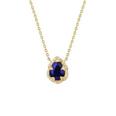 Micro Queen Water Drop Blue Sapphire Necklace with Sprinkled Diamonds Yellow Gold 16"  by Logan Hollowell Jewelry Blue Diamond Briolette Necklace, Formal Blue Necklace With Rose Cut Diamonds, Elegant Blue Necklaces With Rose Cut Diamonds, Teardrop Sapphire Necklace In Fine Jewelry Style, Fine Jewelry Sapphire Drop Necklace, Blue Rose Cut Diamond Pendant Necklace, Blue Pendant Necklaces With Rose Cut Diamonds, Blue Diamond Teardrop Necklace, Fine Jewelry Sapphire Teardrop Necklace