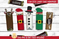 christmas candy bar wrappers with reindeer, snowman and santa clause on them for the holiday season