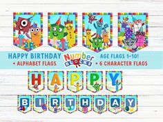 happy birthday banner with cartoon characters on it