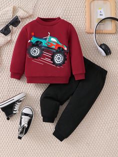 Young Boy Comfy Casual Kart Printed Sweatshirt Set Burgundy   Long Sleeve Knitted Fabric   Slight Stretch  Young Boys Clothing, size features are:Bust: ,Length: ,Sleeve Length: Long Sleeve Cartoon Print Sweatshirt For Fall, Red Cartoon Print Sweatshirt For Fall, Long Sleeve Cartoon Print T-shirt For Winter, Red Long Sleeve T-shirt With Cartoon Print, Red Long-sleeve T-shirt With Cartoon Print, Sweatshirt Set, Couple Matching, Embroidered Shorts, Dark Jeans