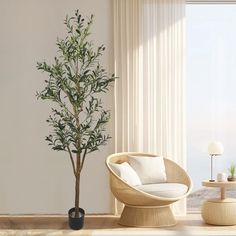 a living room with a chair, table and potted plant in the corner on the floor