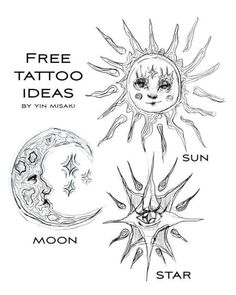 three sun and moon tattoo designs with the words, free tattoo ideas by yin mikaki