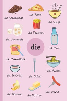 a pink poster with different types of food and words in german, english and french