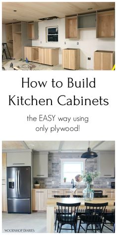 the kitchen cabinets are being remodeled and painted in white with text overlay that reads how to build kitchen cabinets the easy way using only plywood