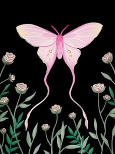 a pink butterfly sitting on top of flowers