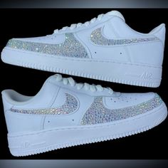 Welcome, Nike Airforce 1’s Low Tops With Luxe Crystal Bling Ticks & Front Design, Made To Last Permanent Design! Colours:Crystal Ab Iridescent Diamond All Colours Available Please See Colour Chart Attached, Brand New In Box Nike Airforce 1’s Low Tops Sizes In Usa Women’s 6 6.5 7 7.5 8 8.5 9 9.5 10 10.5 11 11.5 12 12.5 13 To Order; Can Also Be Made In Black Please See Colour Chart Attached To Change Colour Way Or Add Additional Colours Please Add To Bundle For Any Changes! Comes With Original And Bedazzled Nike Shoes, Sneakers For Homecoming, Silver Tennis Shoes, White Custom Sneakers With Rhinestones For Streetwear, White Custom Rhinestone Sneakers For Streetwear, White Rhinestone Custom Sneakers For Streetwear, White Rhinestones Custom Sneakers For Streetwear, White Rhinestone Sneakers For Streetwear, Glitter Nike Shoes