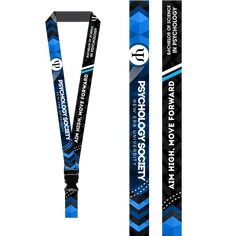 two lanyards with blue and black designs on the front, one has an arrow