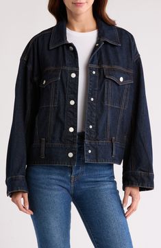 A classic denim jacket features vertical pockets at the front and belt loops at the hem for added detail. Front button closure Spread collar Chest button-flap patch pockets; front welt pockets 100% cotton Machine wash, tumble dry Imported Spring Denim Jacket With Multiple Pockets For Work, Denim Button-up Outerwear With Multiple Pockets, Denim Button-up Utility Jacket With Patch Pockets, Medium Wash Utility Jacket With Button Closure, Denim Utility Jacket With Multiple Pockets, Utility Denim Jacket With Flap Pockets, Denim Utility Jacket With Buttoned Pockets, Utility Denim Jacket With Pockets, Spring Utility Denim Jacket With Buttons