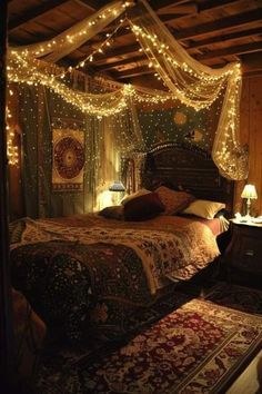 a bed with lights hanging from the ceiling and curtains over it's headboard