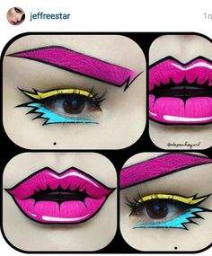 Pop Art Makeup Easy, Cartoon Makeup Looks, Pop Art Makeup Ideas, Comic Book Face Paint, Pop Comic Makeup, Pop Art Halloween Costume, 80s Cartoon Costumes, Pop Art Superhero Makeup, Popart Halloween Makeup