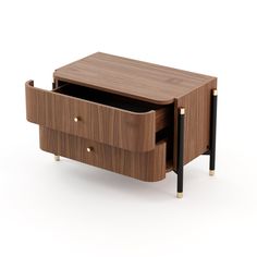 a wooden table with two drawers on one side and an open drawer on the other