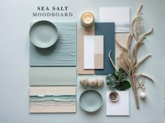 the sea salt mood board is laid out on top of each other, including plates and vases