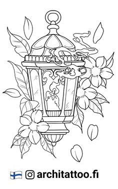 a coloring page with flowers and a lamp