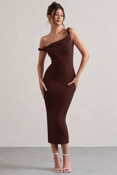 Salome | Chocolate Brown Twisted Asymmetric Midi Dress Camp Dinner, Brunch Vibes, Chocolate Brown Dress, Midi Bridesmaid Dress, Sleek Updo, Club L London, Style Lookbook, Fall Wedding Guest, Fall Wedding Guest Dress